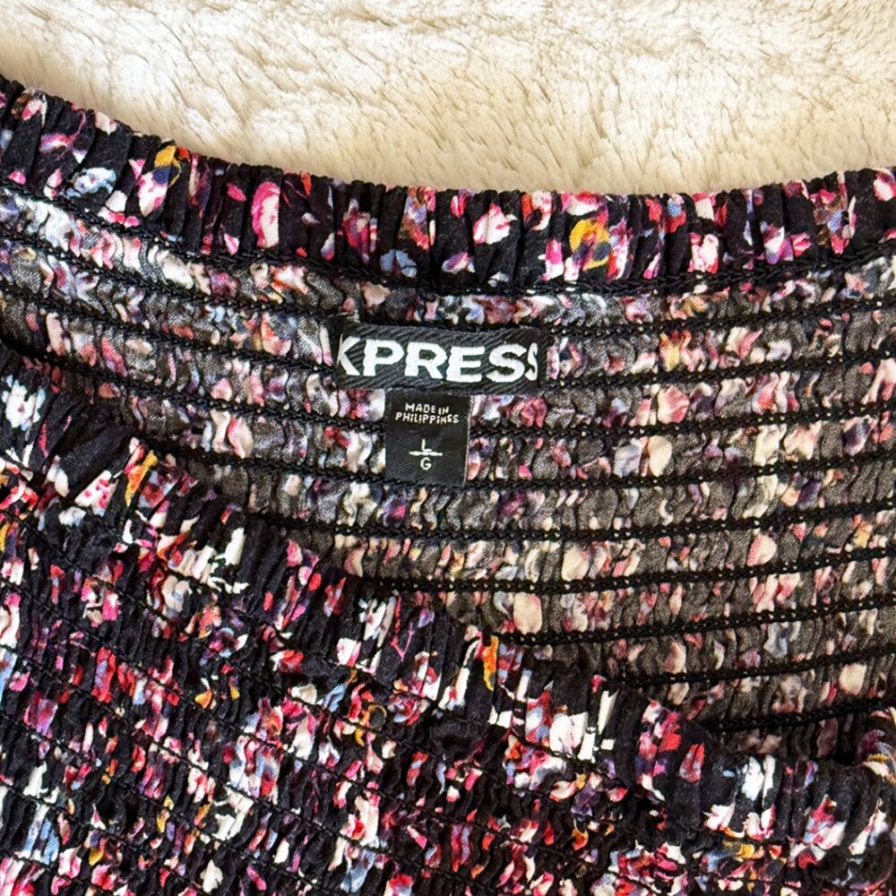 Express Black Floral Smocked Top Mini Dress, Size Large - Picture 6 of 8